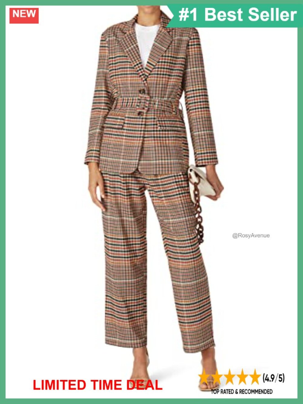 Belted Plaid Blazer Notch Collar Slim Fit Business Casual